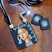 Tribal Women Clay Jewelry Set: Handcrafted Black and White Necklace Earrings